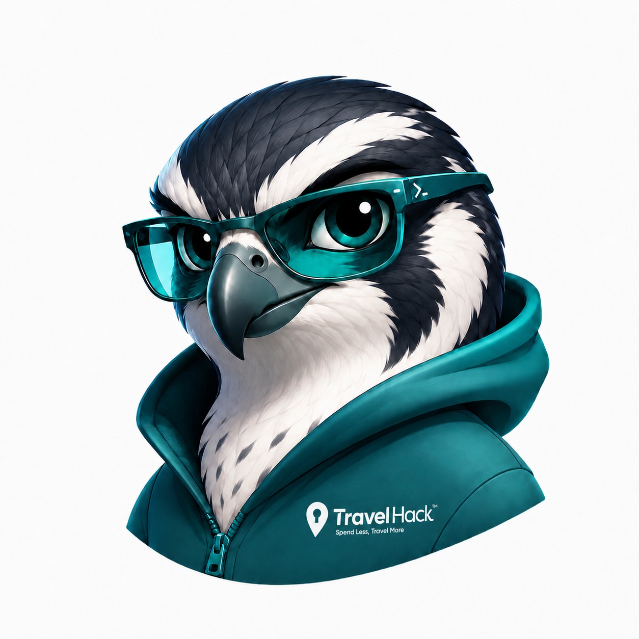 Trav, the TravelHack concierge falcon in a teal hoodie
